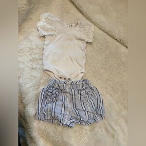 🌸5/$50🌸White Eyelet Puff Sleeve Baby Bodysuit with Blue Striped Shorts